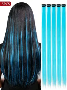 5PCS Blue Clip-In Hair Extensions – Long Straight 20 Inch Synthetic Strands for Women, Add Instant Color for Parties & Seasonal Events