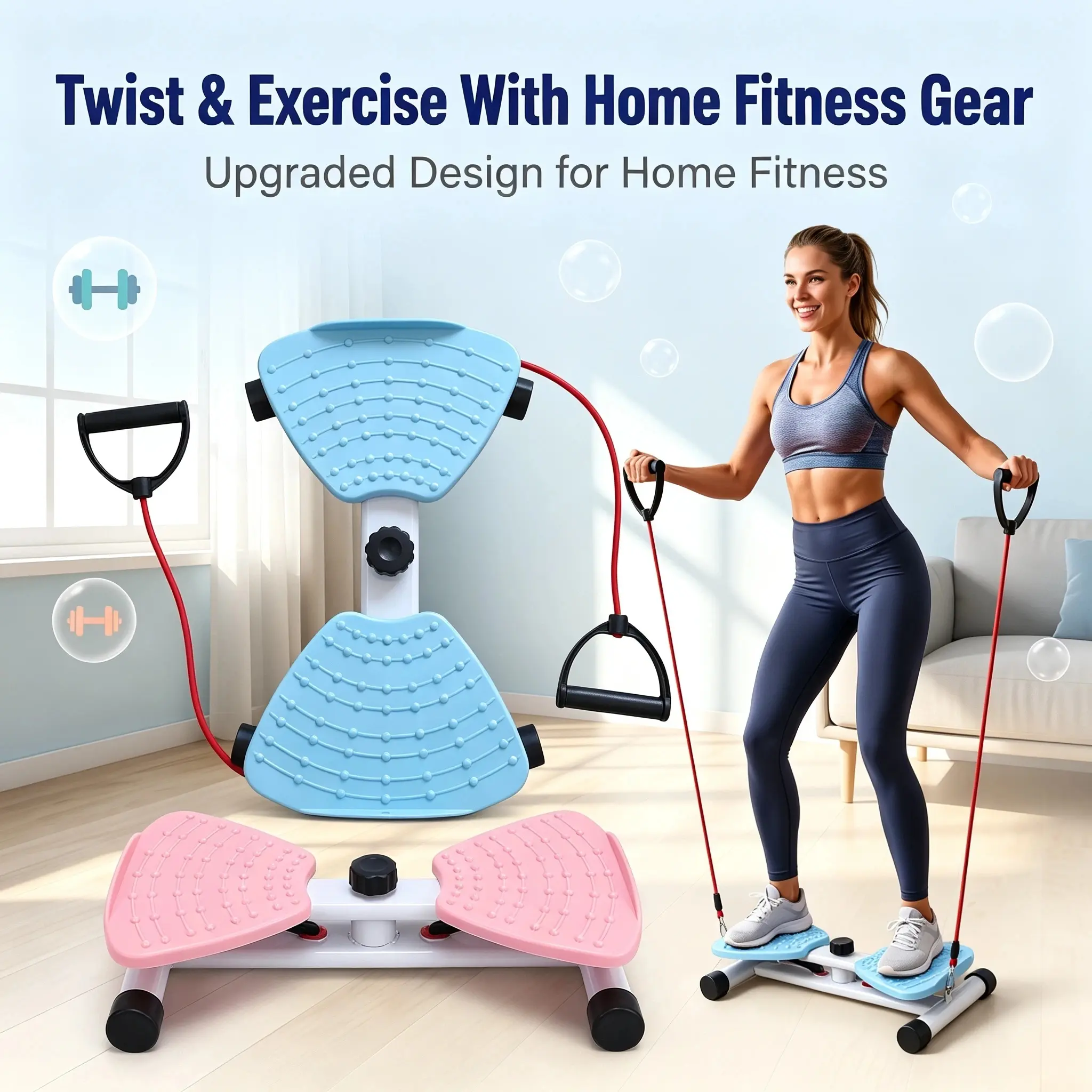 Portable Home Twist Exercise Board with Resistance Bands, Dual-Color Non-Slip Footplate, Quiet Full-Body Fitness Twister Stepper for Adult Daily Indoor Home Training