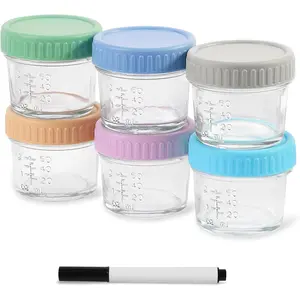 6 Pack Glass Baby Food Storage Containers 4 oz Jars with Lids BPA Free Microwave Dishwasher Freezer Safe Multi Color Food Grade Material with Marker for Easy Identification