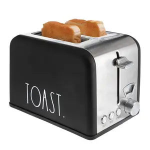 Rae Dunn Toaster, Stainless Steel 2 Slice Square Toaster, Wide Slot with 5 Browning Levels, with Bagel, Defrost and Cancel Options (Black)