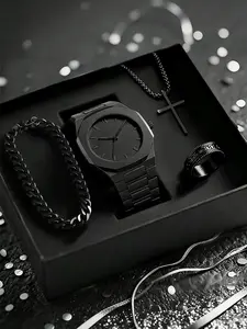 Men's Luxury Minimalist Quartz Watch Set, Includes Bracelet, Ring, Cross Necklace, Perfect Gift for Him, 4-Piece Fashion Accessory Kit
