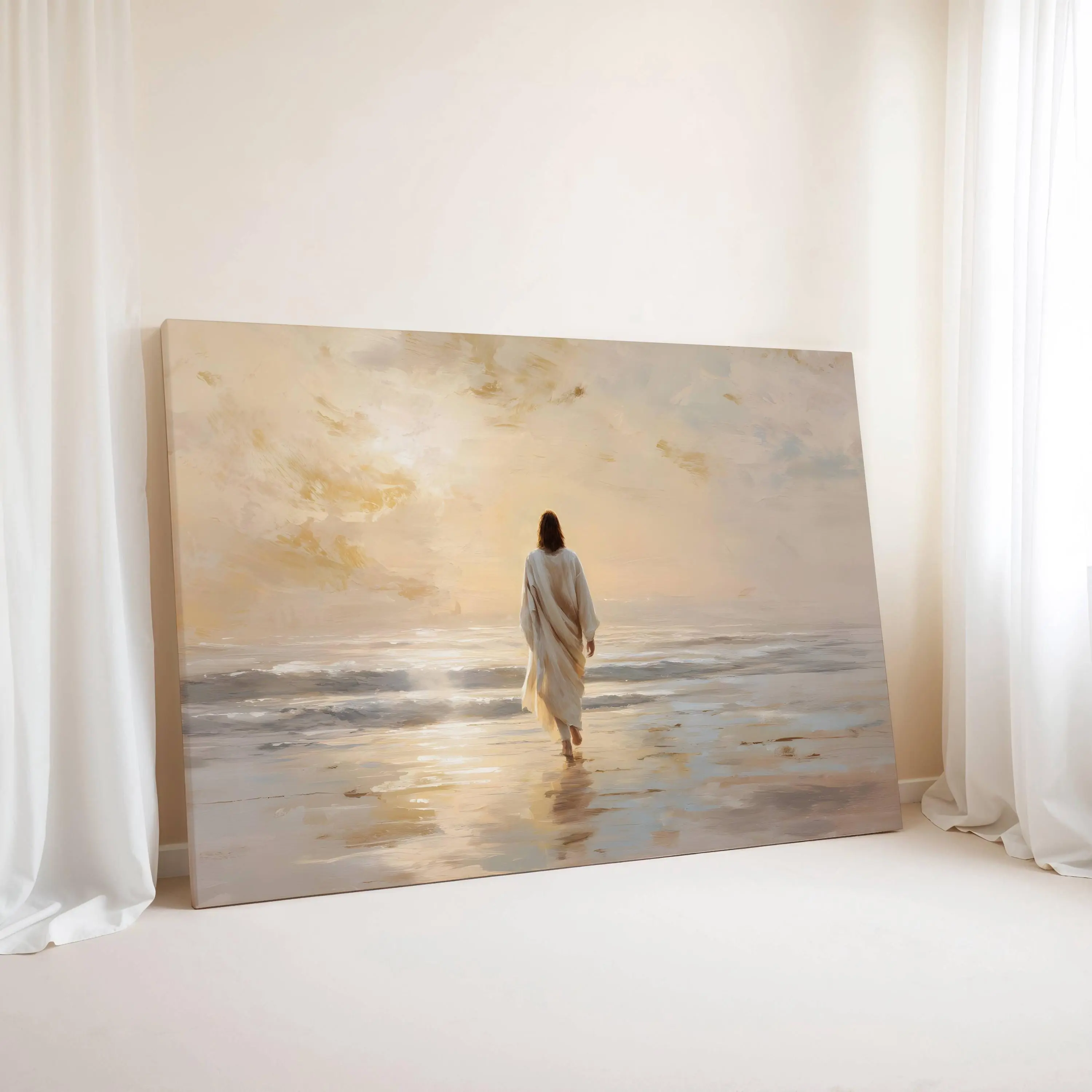 [Unframed] Jesus Walks On Water Wall Art | Modern Christian Painting, Large Jesus Canvas, Catholic Decor