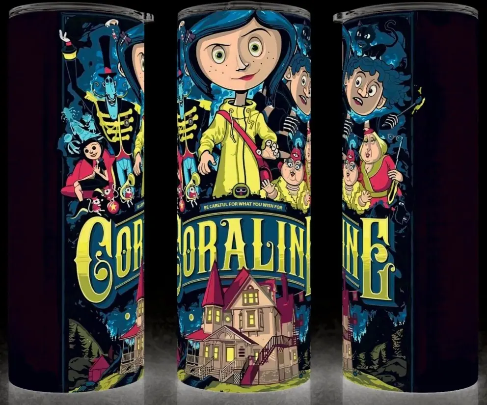 Glow in the Dark Coraline Cartoon Halloween Cup Mug Tumbler 20oz, Dark Fantasy Book Gift