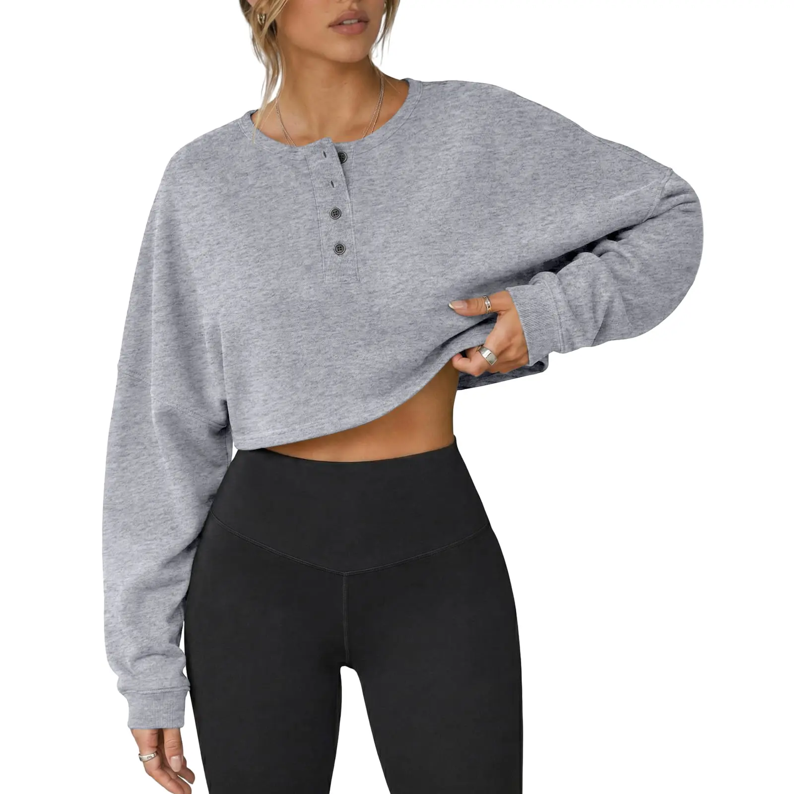 Fisoew Womens Long Sleeve Sweatshirt Tops Cropped Henley Neck Loose Fit Casual Workout Pullover Tee Shirts Fall Fashion