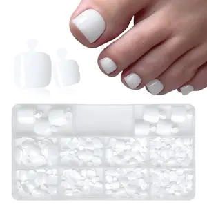 240pcs White Press on Toenails for Women, 12 Sizes Square Fake Toe Nail Tips with Adhesive Tabs & Glue, Glossy Full Cover Artificial Toenails for DIY Pedicure