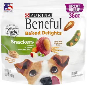 Purina Beneful Baked Delights Snackers: 36-ounce pack of tasty, crunchy dog treats. Perfect for rewarding your furry friend with a delightful snack.