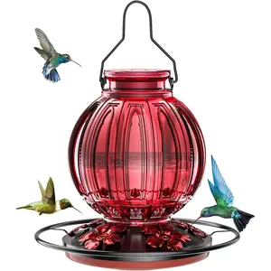 Glass Hummingbird Feeder for Outdoors Hanging, 24Oz Bird Nectar Feeder with Perch & 5 Flower Feeding Ports, Leak Proof for Outside Garden Decor Backyard, Gifts for Women Mom, Red