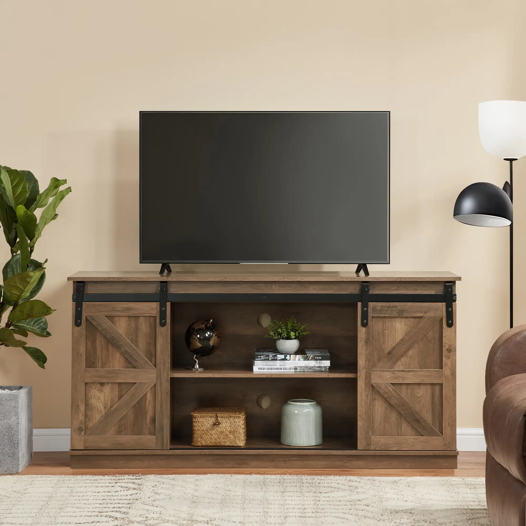 【TikTokShopfalldealsforyou】58" Modern TV Stand for 65 Inch TV, Entertainment Center with Sliding Barn Doors, Storage Cabinets, Media Console with Cabl