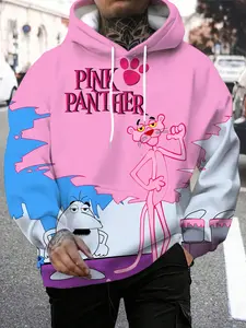 Men's casual sports fashion trend fitness outdoor home hooded sweatshirt, sweatshirt, pink panther pattern 3D printing, regular fit, elastic, with drawstring pockets, knitted fabric, versatile style, spring, autumn and winter men's hooded sweatshirt, stre