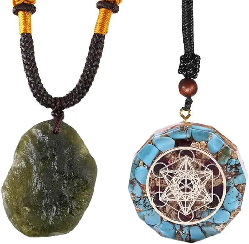 Moldavite Czech Meteorite Glass Raw Rough Moldavite Necklace and Orgone Merkaba Metatron Cube Pendant Necklace(Set of 2), 1 Pc Moldavite Pendant Aerolites Necklace+ 1 Pc Orgone Pendant +1 Nice Gift Jewelry Box, Healing