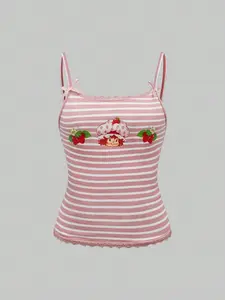 Strawberry Shortcake | Casual Cute Cartoon Character & Strawberry Printed Striped Lace Bow Decor Cami Top, Summer
