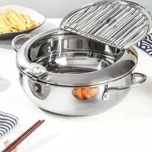 304 Stainless Steel Deep Fryer Pot with Thermometer Lid, Japanese Tempura Frying Pan for Chicken, French Fries and Fried Food, Ideal for New Year Festival Use