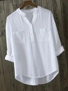Women's Plain Button-Front High-Low Hem Shirt, Blouse, Casual Long-Sleeve Notched Neck Top for Daily Wear, Ladies Clothes for All Seasons