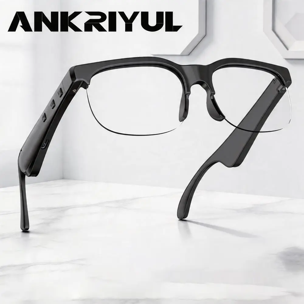ANKRIYUL Smart Audio Glasses - Unisex Adults Casual Smart Glasses, Multifunctional Audio Sunglasses, Dual-Color Design, Physical Buttons, Not Water Resistant, Cell Phone Compatible, Black Frame Transparent Lens