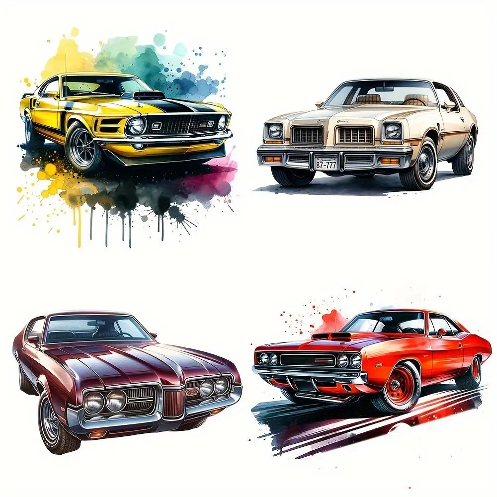 Muscle Car Pattern Iron-on Transfer Sticker, 6 Counts/set DIY Craft Heat Transfer Sticker, Heat Press Sticker for Clothes, DIY Clothing Accessories, Art
