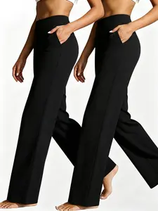 2pcs Women's Straight-leg Pants, Casual Pants, With A Plain Design, Featuring Pockets, Breathable And Comfortable, Suitable For Daily Wear, Activities And Sports Such As Yoga