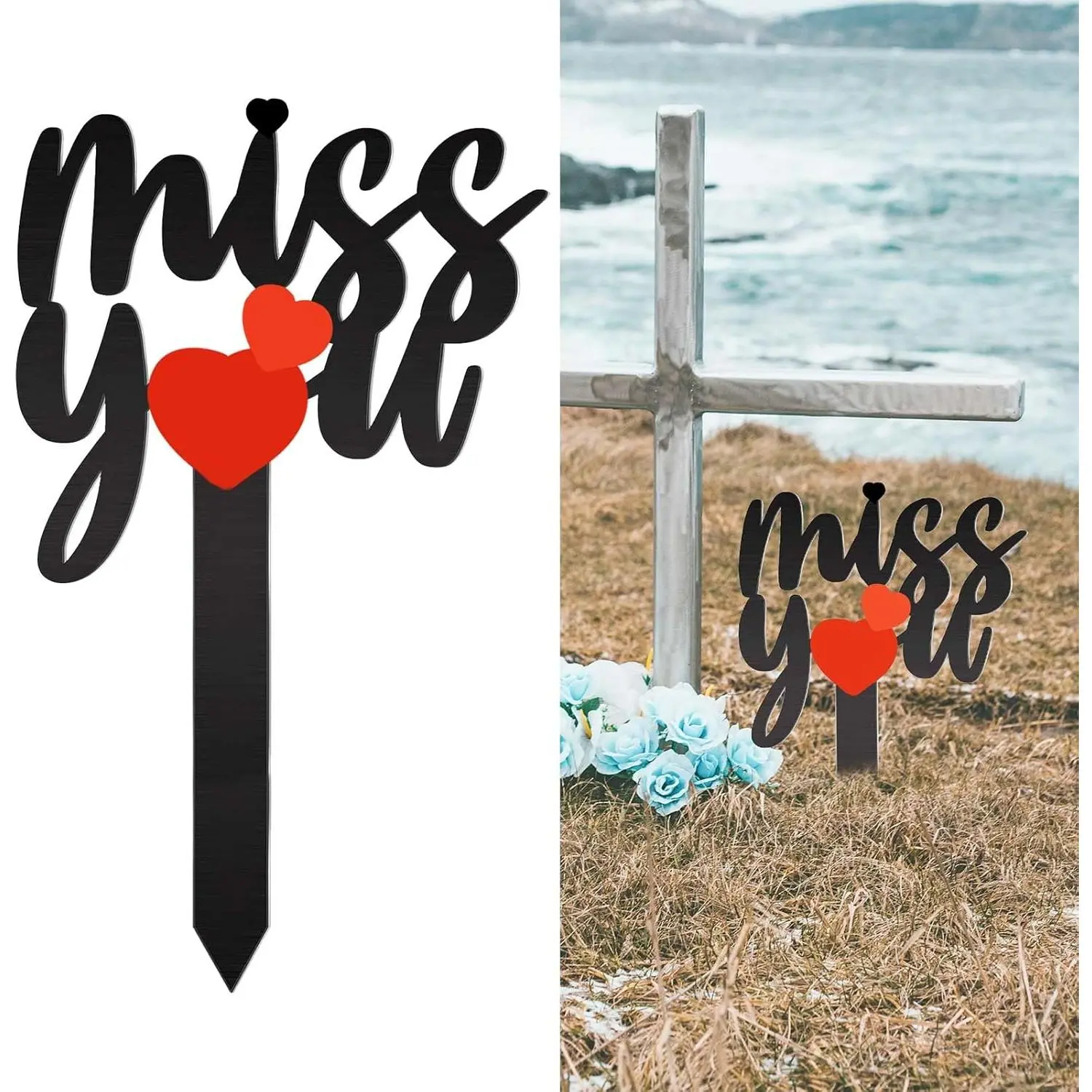 13.8 X 7.9 Inches Large Cemetery Decorations for Grave, Miss You Memorial Grave Markers, Metal Memorial Remembrance Stake, Grave Markers for Human Cemetery, Garden Yard Grave Site Outdoor Stake Marker