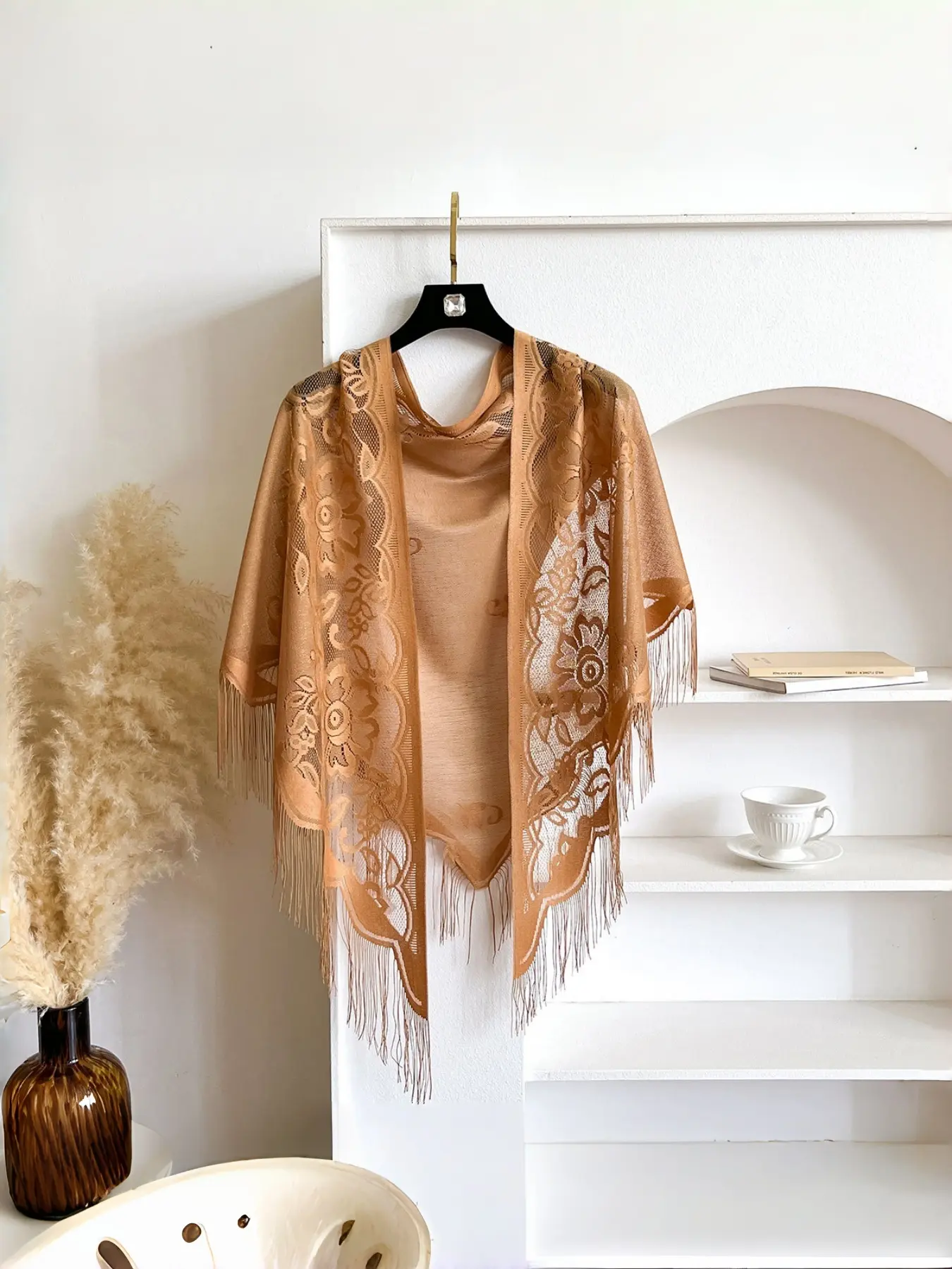 New Velvet Embroidered Triangle Scarf Lace Shawl Casual Soft Shawl Outerwear Hollow Out Fringe Solid Color Breathable Fashion High-End Scarf Fluffy Soft Scarf