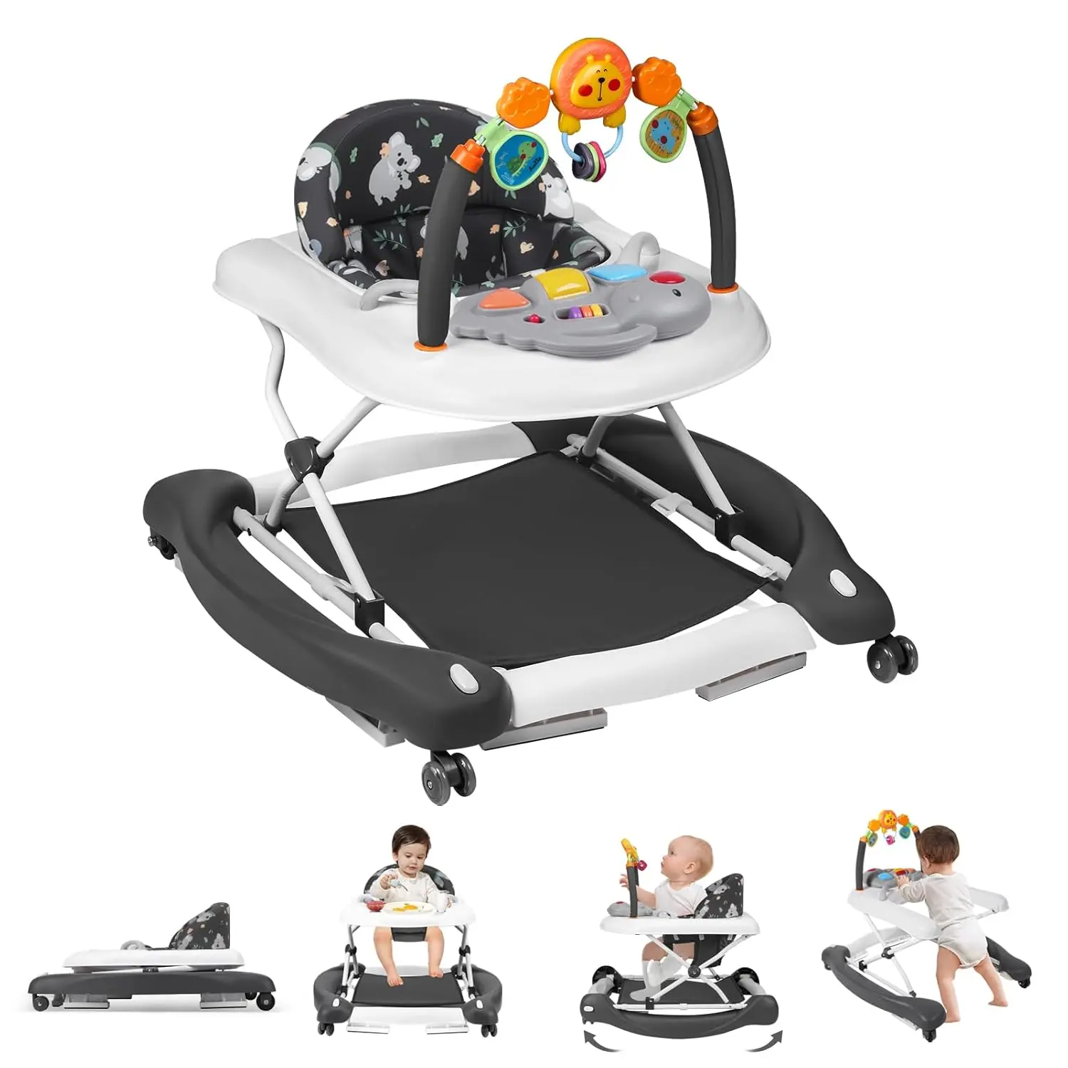 Baby Walker, 5 in 1 Baby Walkers for Boys Girls 6-18 Months, Foldable Walkers for Babies with Bouncer & Feeding Tray, Music, Adjustable Heights, Activity Walker for Infant