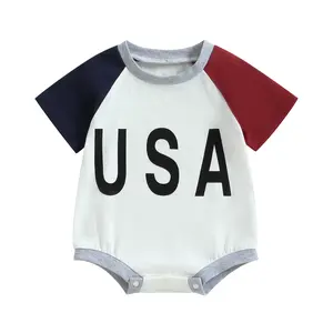 4th of July Baby Boy Girl Outfit Newborn Bubble Romper American Letter Print Contrast Color Bodysuit Summer Clothes
