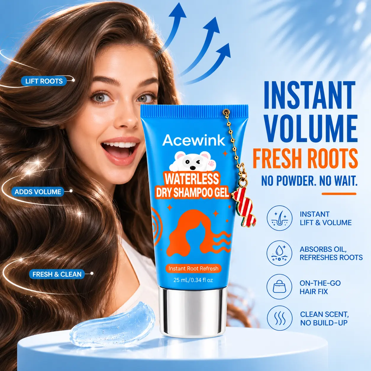 Acewink Waterless Dry Shampoo Gel - Dry Shampoo, No-Rinse shampoo,Leave-in Shampoo, Haircare Essential, Instantly Fresh Shampoo, No-Water-Needed Root Refresh, Travel Hair Care Product