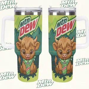 Mtn Dew Highland Cow Tumbler - 40oz Travel Mug with Handle and Straw - Cute Baby Cow Graphics, Mountain Landscape Design, Dew the Moo Adorable Highland Cow Mtn Dew Aesthetic 40oz Travel Cup, The Perfect Gift for Soda Lovers & Farm Animal Fans