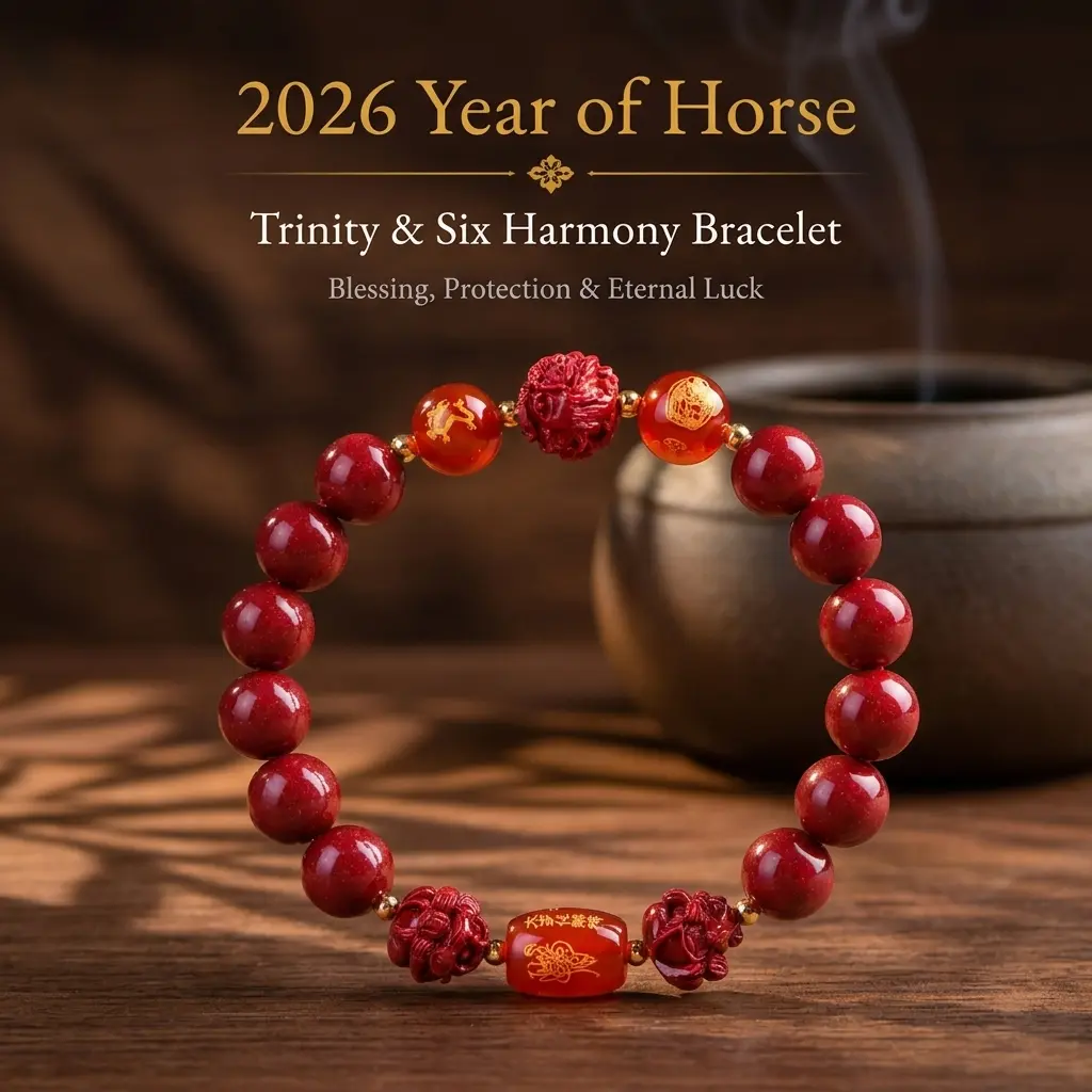 Pup CZ Unisex Ethnic Chinese New Year Cinnabar Trinity Harmony Bracelet-Bangle - 2026 Year of Horse Beaded Amulet with Protection Spell, 6 Harmony Symbols, Astrology Luck, Wealth Magnet, Eco-Friendly Resin Process Costume Jewelry Daily Gift, Astrology Lif