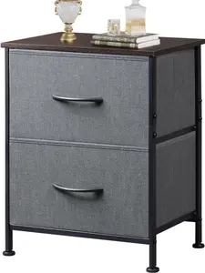 Dark Grey Nightstand, 2 Drawer Small Dresser Bedside End Table with Removable Fabric Storage Bins, Compact Bedside Furniture for Bedroom, Closet, Entryway, College Dorm