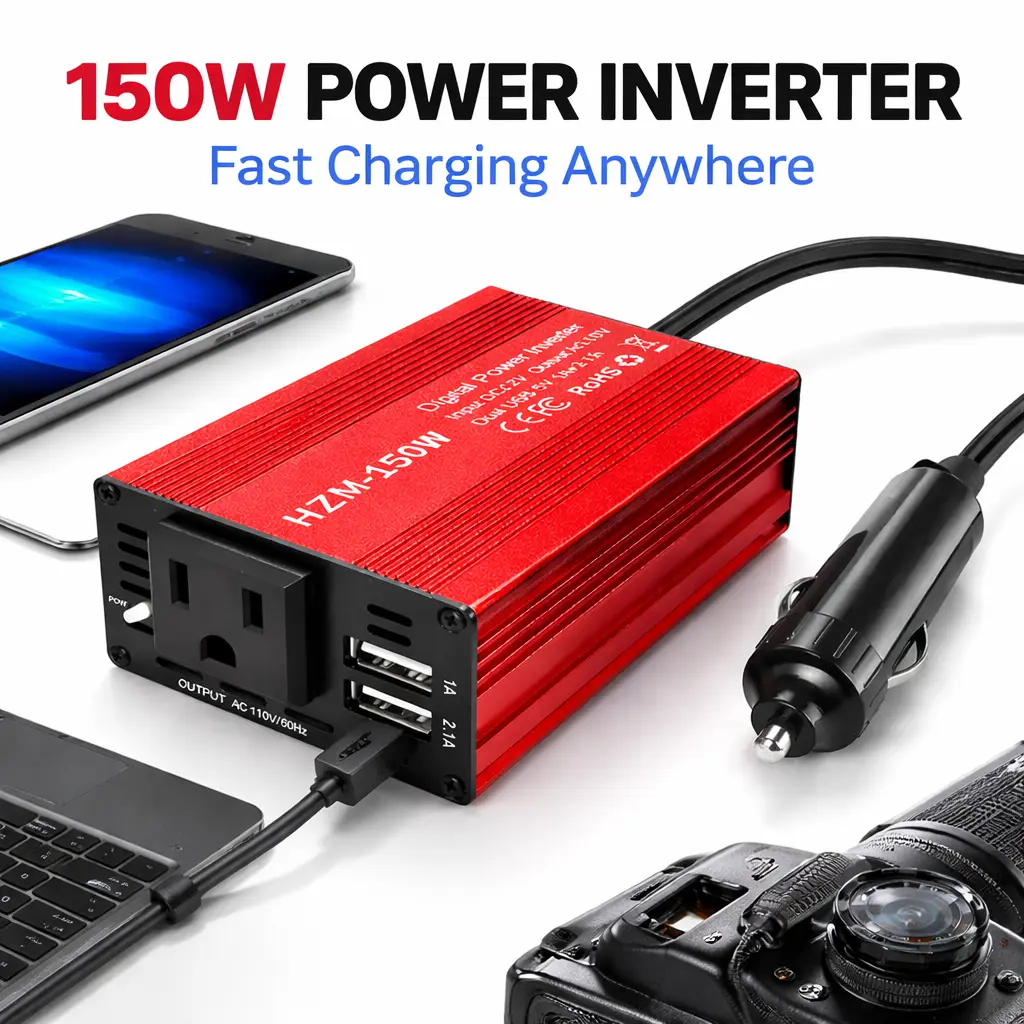 【DealsForYou】150W Car Power Inverter, 12V DC to 110V AC Converter with 3.1A Dual USB Charger, 20W Type-C PD3.0 QC3.0 Ports, Fast Charger for Laptops, Phones, TVs, Game Consoles, Metal Housing, 20A Replaceable Fuse, Red