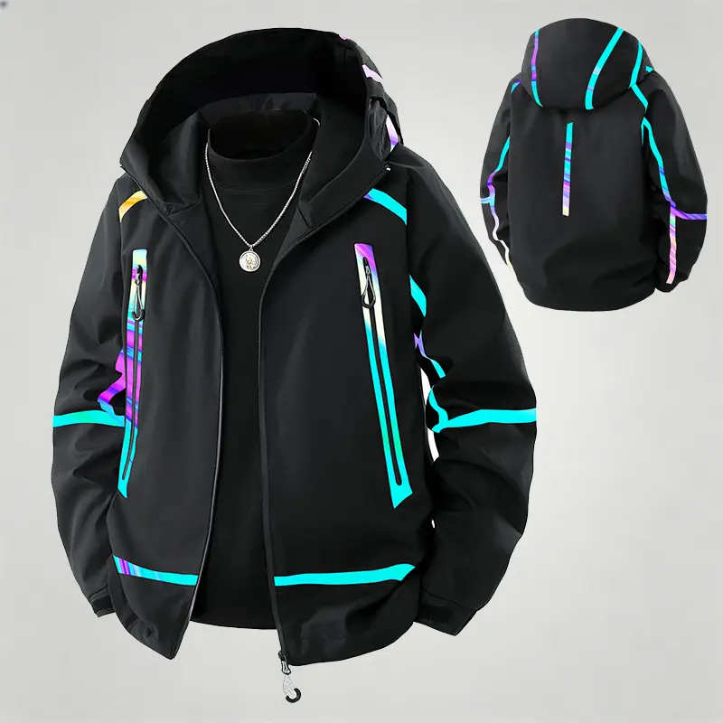 Mens Hooded Windproof Jacket Reflective Strip Detail Zipper Side Pockets Adjustable Cuff Night Safety Techwear Casual Street Ski Hiking Coat