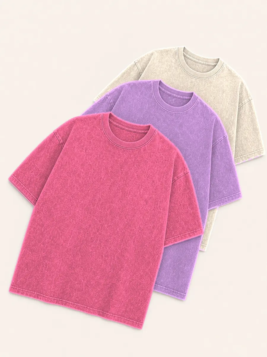Women's 3-Pack Vintage Soft Cotton T-Shirts - Unisex Oversized Baggy Short Sleeve Round Neck Drop Shoulder Plain Tops for Casual Streetwear, All Seasons, Shortsleeve, Cold Wash, Loose-Fitting, Crew Neck, Half Sleeve