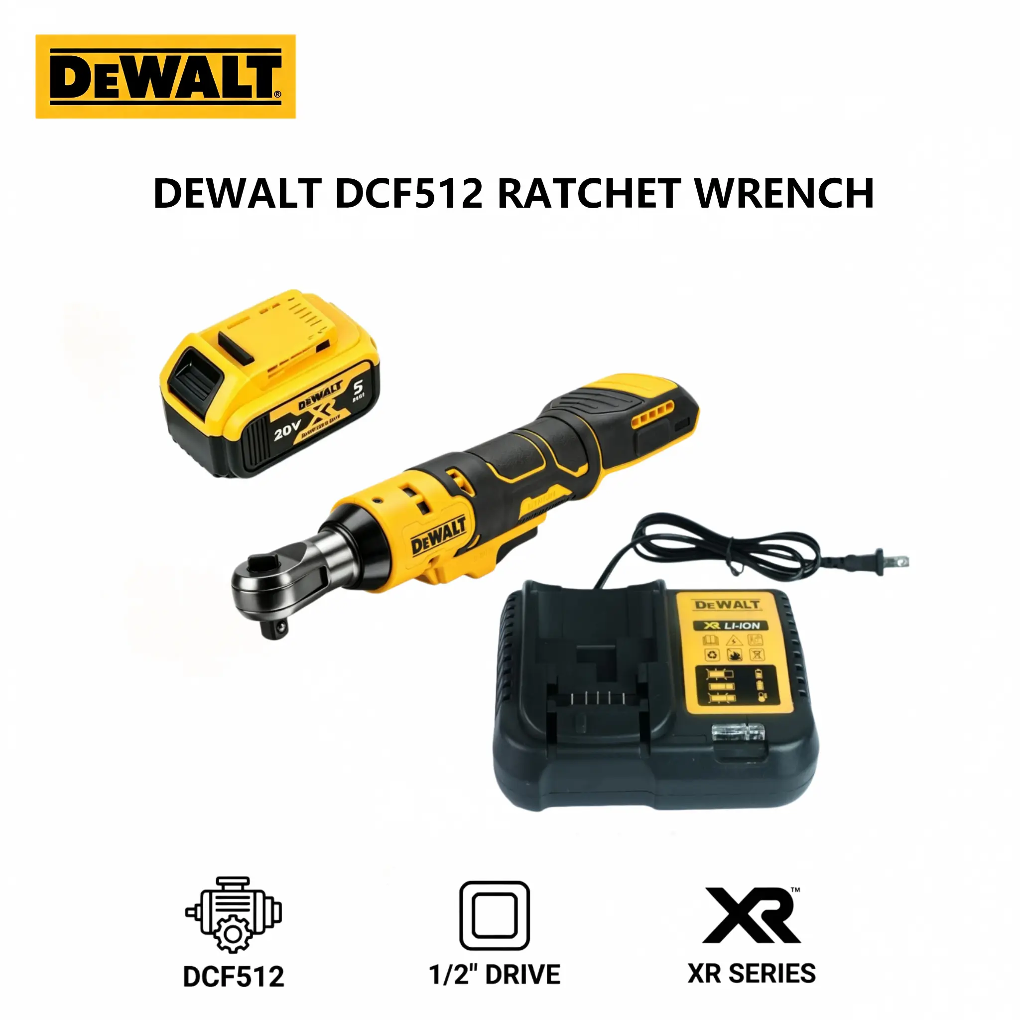DEWALT DCF512 1/2 in Cordless Ratchet Wrench - Ball Detent Square Drive, 95 Nm Torque, Built-in Working Light, Slim High-Power Handheld Tool for Auto Service, Tight Spaces Bolt Disassembly