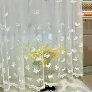 1PC Korean Embroidered Lace Tulle Curtains For Bedroom, White Tulle Curtains For Living Room, Sheer Voile Room Divider Curtains, Easy To Install, Machine Washable Home Curtains