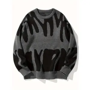 Stylish Polyester Loose-Fit Letter Jacquard Knit Sweater - Round Neck, Long Sleeve, Machine Washable - 2025 Trendy Men's Casual Wear