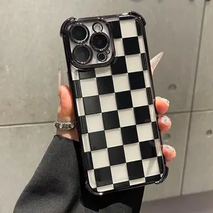 Black checkered four-corner drop-proof TPU phone  case for iPhone17 Air 16Pro Max 15 14Plus 13 12 11 ProMax XR XS  Samsung Galaxy S25 S24 S23  Simple and stylish camera protection Shockproof Anti-Drop Shockproof Drop Protection Durable resistant Case.