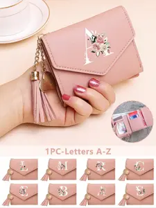 Pink Foldable Short Wallet PU Leather Wallet, Letter A-Z Flower Pattern, Multifunctional Coin Purse, Women's Card Holder, Card Carrying Holder, Mini Tassel Wallet, Waterproof Portable Women's Wallet, Mini Wallet