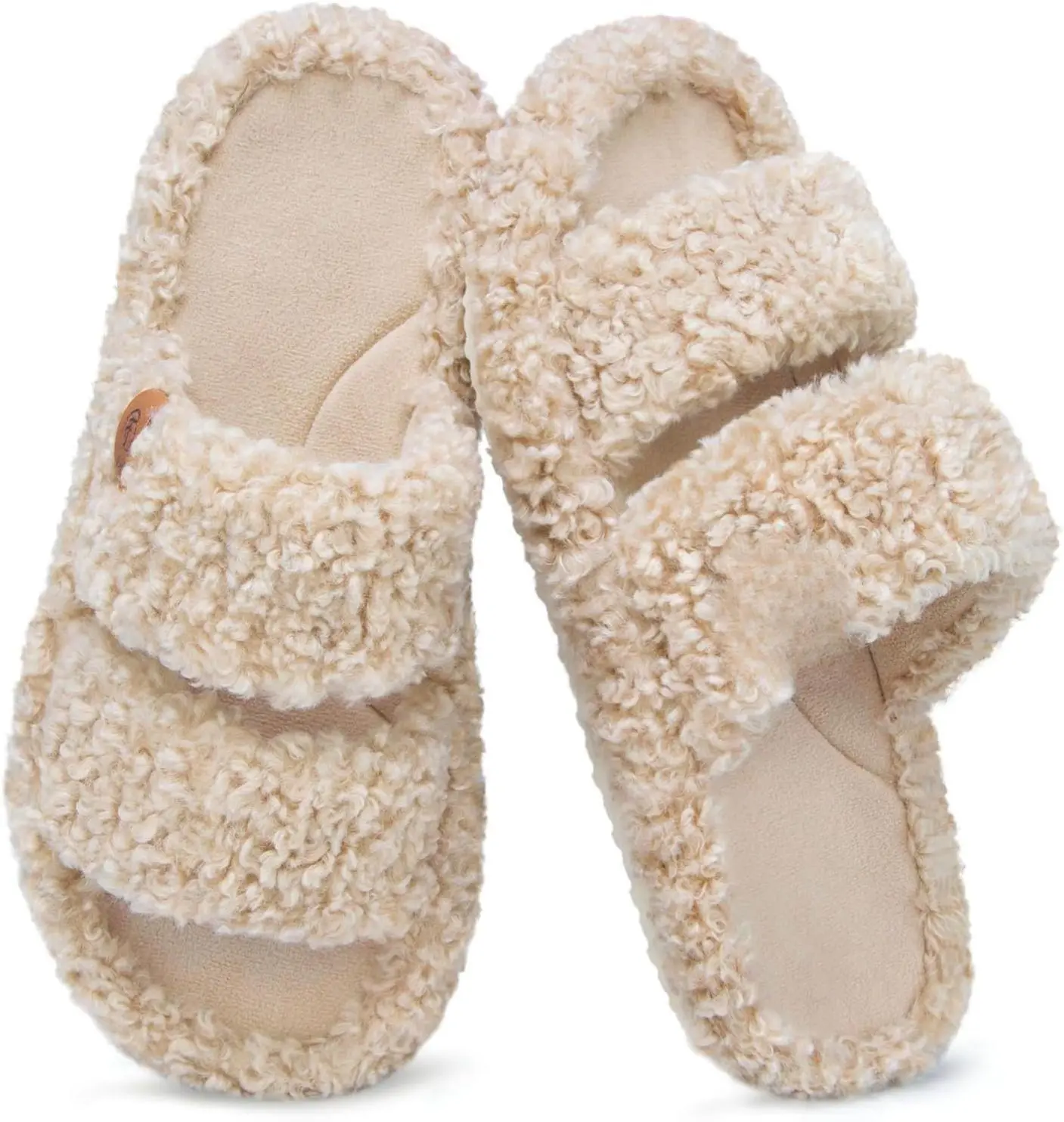 EverFoams Womens Fuzzy Open-toe Slippers Soft Comfy Memory Foam Indoor House Shoes with Non-slip Rubber Sole & Premium Faux Fur Uppers