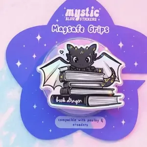 Cute 'Book Dragon' Phone Grip – Adorable Dragon with Books Design, MagSafe Compatible PopSocket for Book Lovers and Fantasy Enthusiasts
