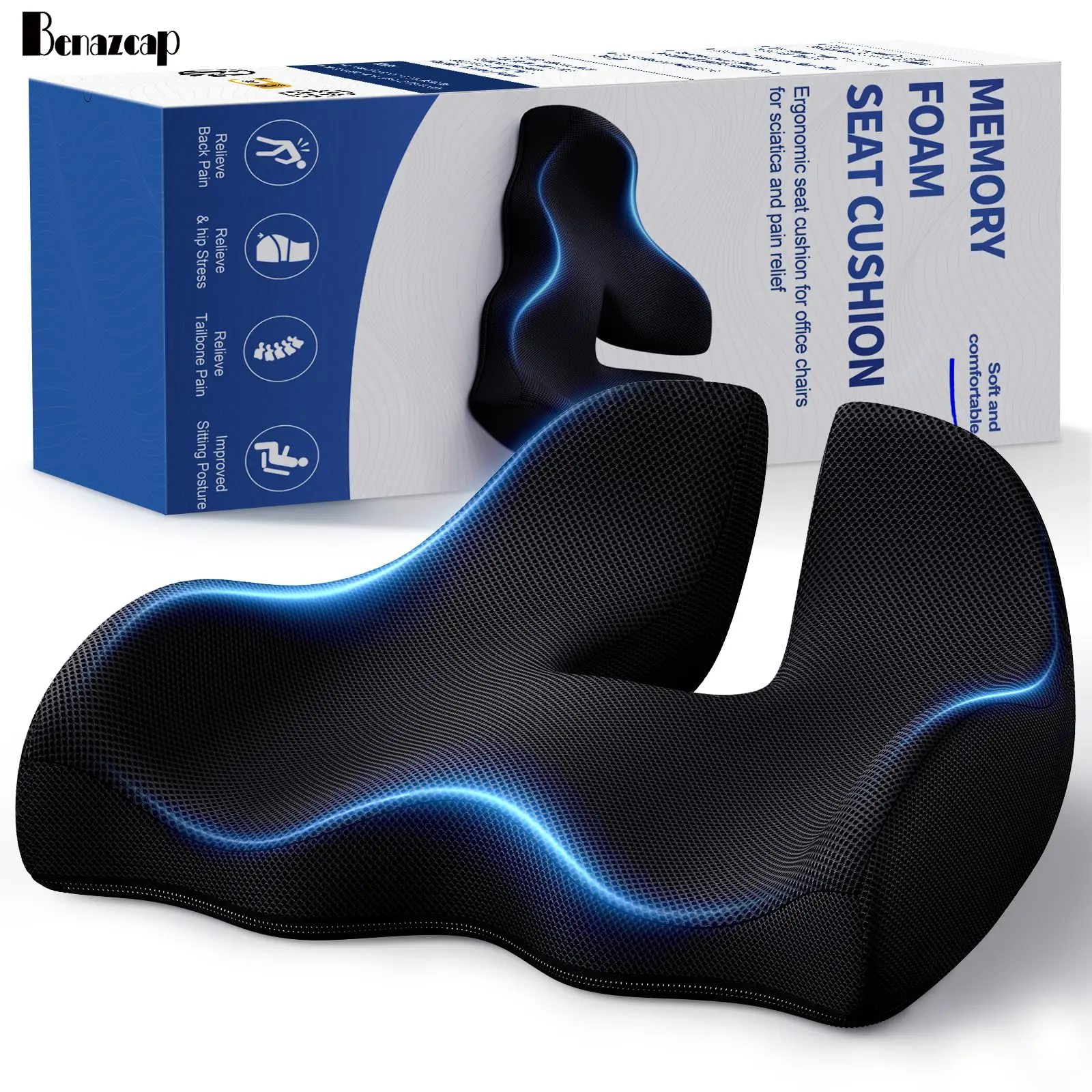 Benazcap Non-Slip Ergonomic Memory Foam Seat Cushion for Office Gaming Chair & Car,Pressure Sciatica Pain for Long Drives,Breathable Washable Cover, Back & Leg Support,SummerVibes