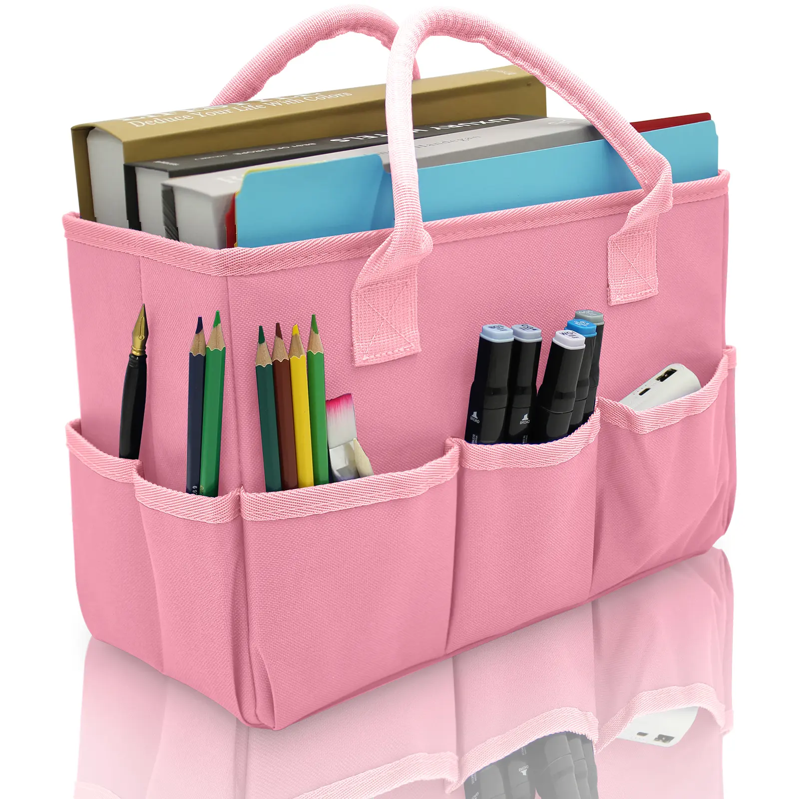 AYJKSEVEN Art Organizer Craft Storage Tote Bag with Pockets and Hadles, Oxford Fabric Carrying Caddy for Teacher, Officer, Artist, Traveler, and more – Pink