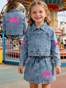 Girls' Denim Jacket + Skirt Set, Princess Style Sequin Crown Design, Sequin Effect, Fitted Long Sleeve, Spring & Fall Casual Wear, Cute Outfit, Princess Theme, Fine Girls Outfit