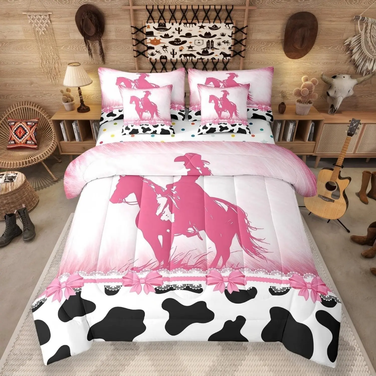 Cowgirl Western Comforter Set,7 Piece Bed in a Bag,Pink Cowhide Bedding Sets,Black and White Cow Print Sheet Set with Comforter