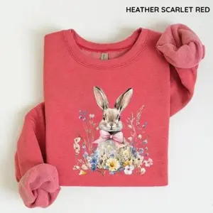 Floral Easter Bunny Sweatshirt/Hoodie/T-Shirt, Cute Rabbit Pink Bow Wildflower Graphic Hoodie, Spring Garden Vintage T-Shirt for Men and Women