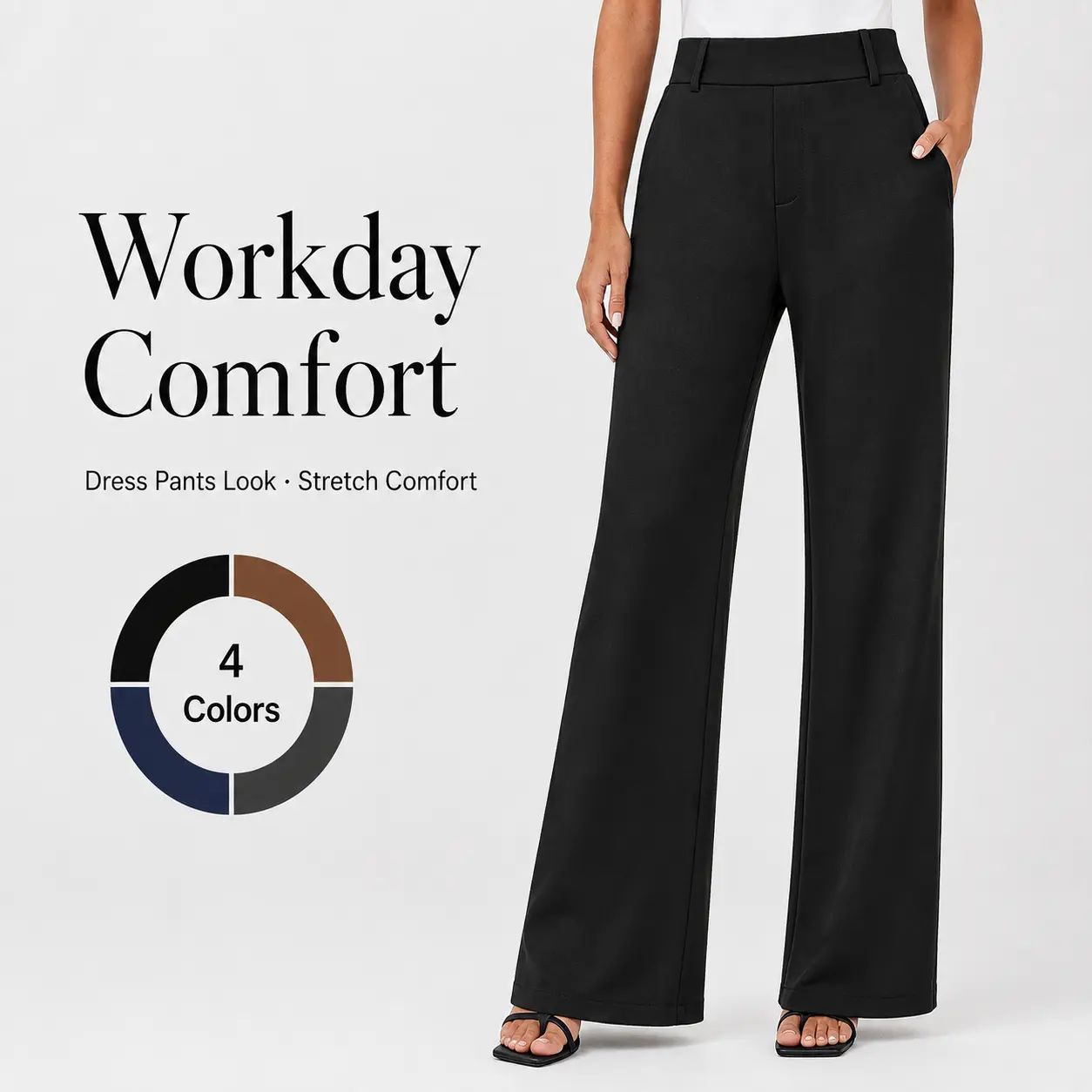 FireSwan Women's High Waisted Wide Leg Stretchy Flat Front Dress Pants - Simple Elegant Pants, Women's Clothes, Corporate Office Wear Pull-On Slacks with Pockets for Business Casual Back to School Outfits