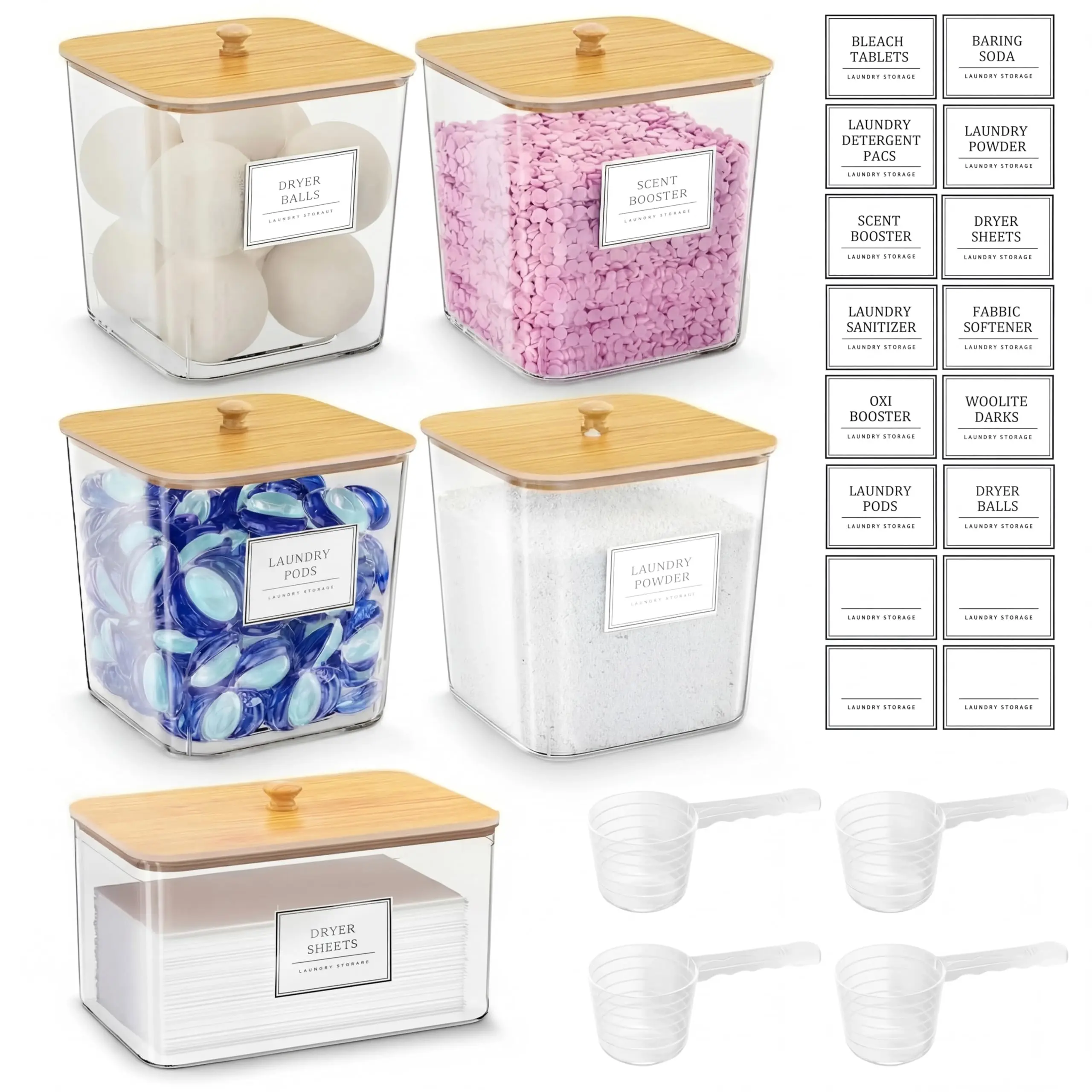 4+1 Pack Laundry Pods Storage Container, Clear Laundry Room Organization and Storage, Detergent Powder Container, with Wooden Lids & Labels