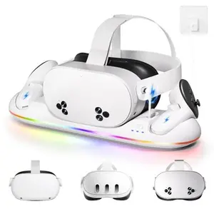 Charging Dock for Oculus Meta Quest 2&3&3S with Color RGB Light, Magnetic Charger Station Both for Headset & Controllers - VR Accessories Stand with Rechargeable Battery (2100mAh*2) and AC Adapter Game  Usb