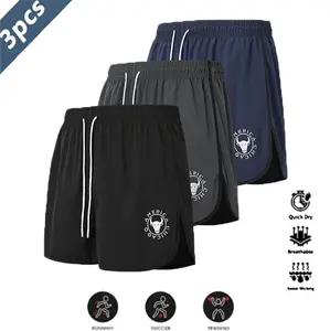 Three pack men's casual sports shorts, anti wrinkle polyester fiber fabric, loose version, drawstring belt, printed design, suitable for fitness, outdoor activities and daily wear, simple style | Side seam smooth texture sports shorts