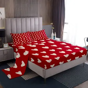 Red White Bed Sheets,Cute Heart Pattern Bedding Set,Valentine Day Gift Fitted Sheet,Cartoon Love Geometric Flat Sheet Love Heart Soft Warm Sheet Sets