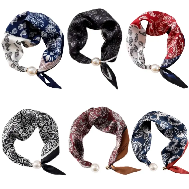 Women's 6Pcs Paisley Print Satin Decorative Scarf Set - Mini Square Neck Scarves with Pearl Buckle, Versatile Headband for Daily Wear Outfits Accessory