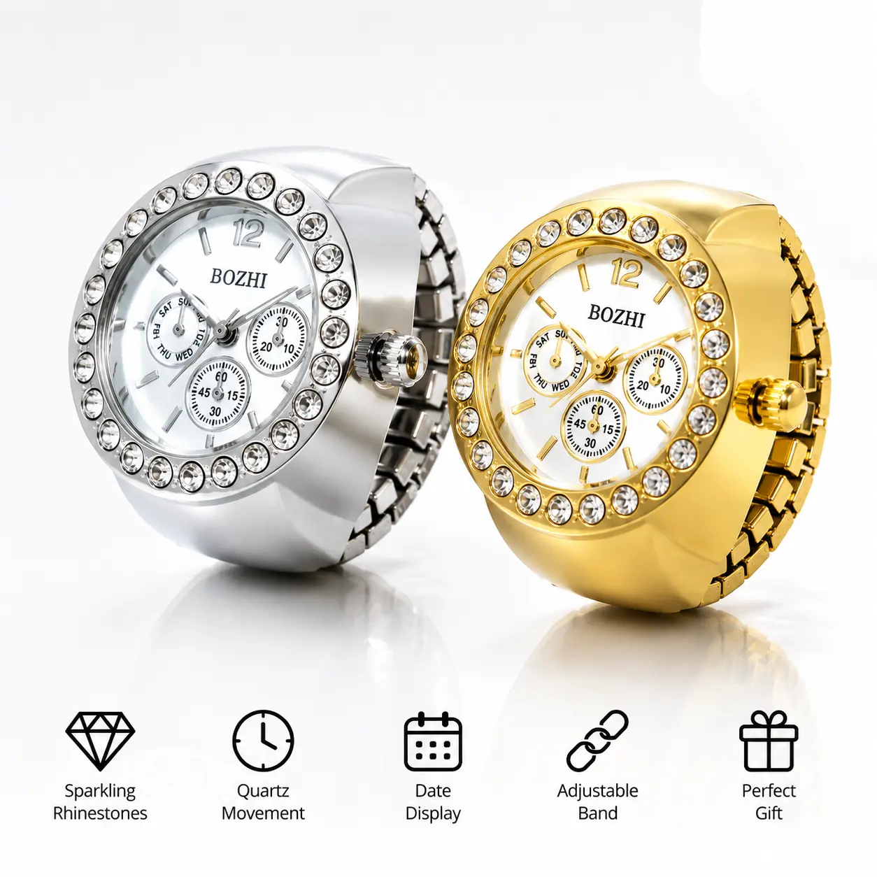 Mini Designer Finger Ring Watch - Elastic Stretchy Band, Durable Quartz Movement, Elegant Round Dial, 202 Stainless Steel Alloy Shell, Trendy Luxury Fashion Accessory Gift for Men and Women